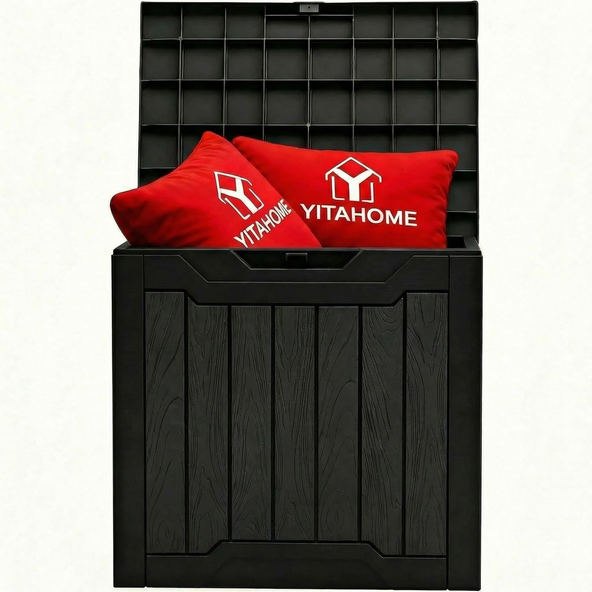 YITAHOME vista frontal del cofre con textura madera, almacenamiento funcional