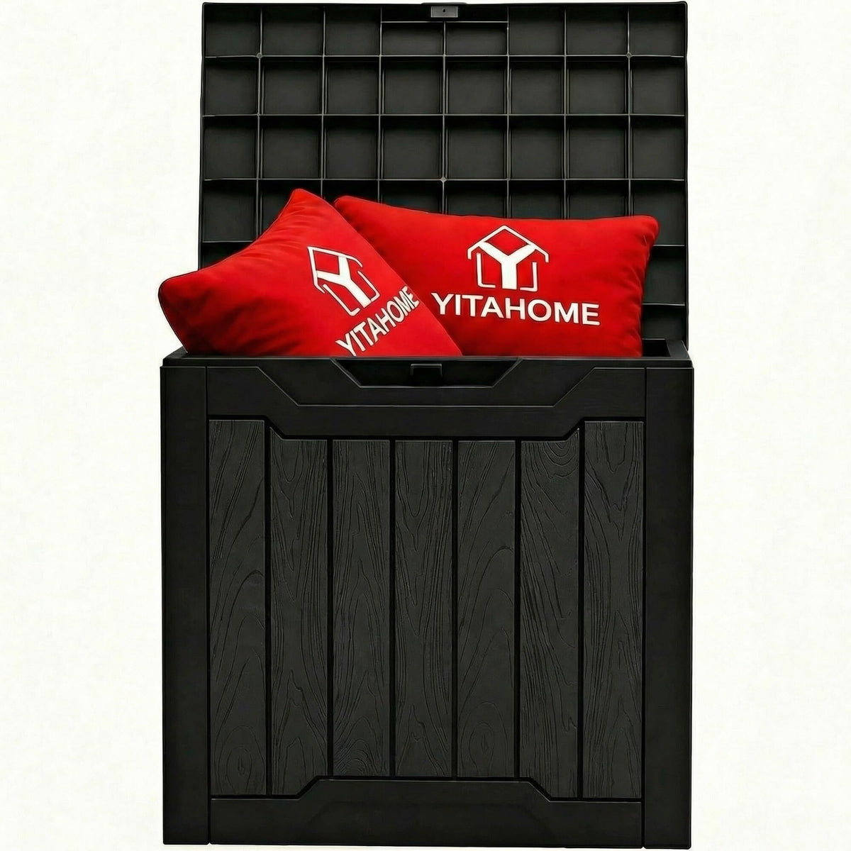 YITAHOME vista frontal del cofre con textura madera, almacenamiento funcional