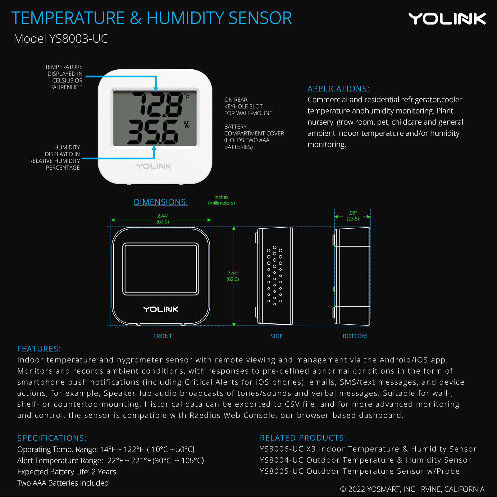 YoLink etiqueta técnica con especificaciones y beneficio de rango LoRa