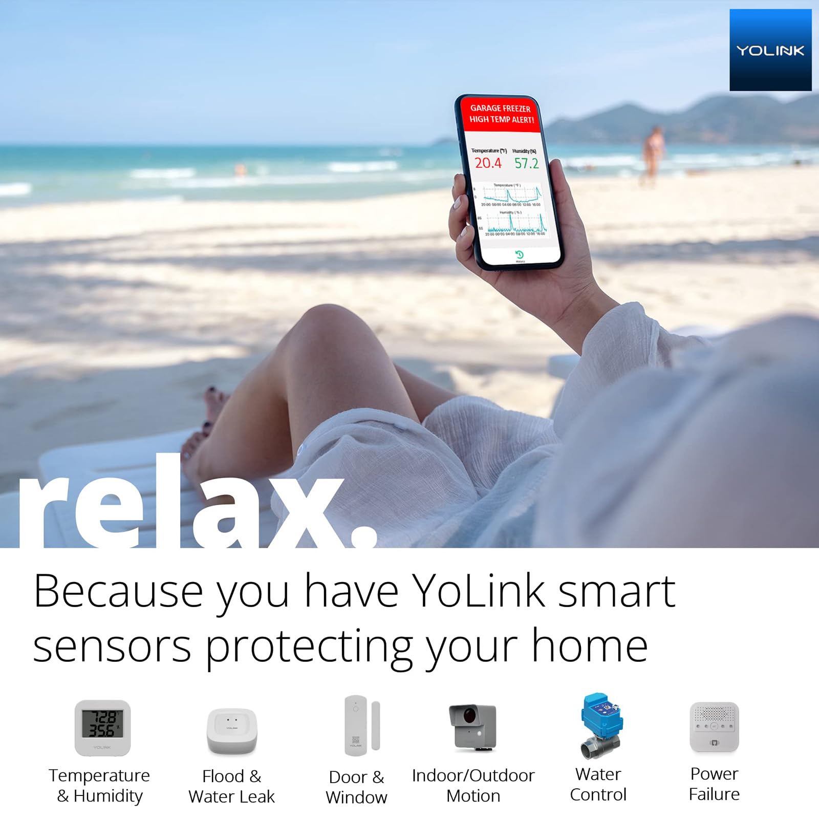 YoLink sensor etiqueta lateral mostrando especificaciones legibles