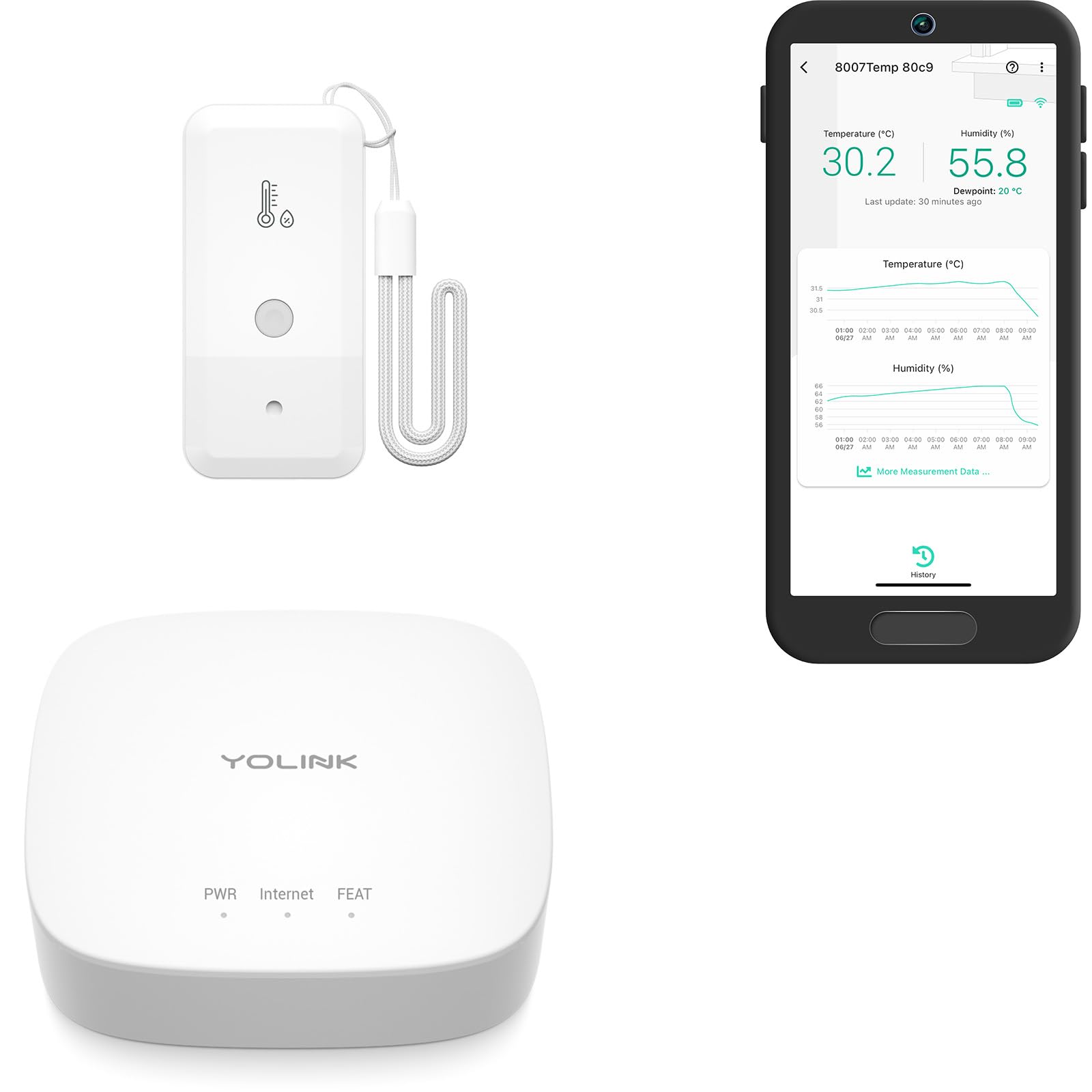 YoLink sensor frontal mostrando carcasa compacta y diseño robusto para monitoreo