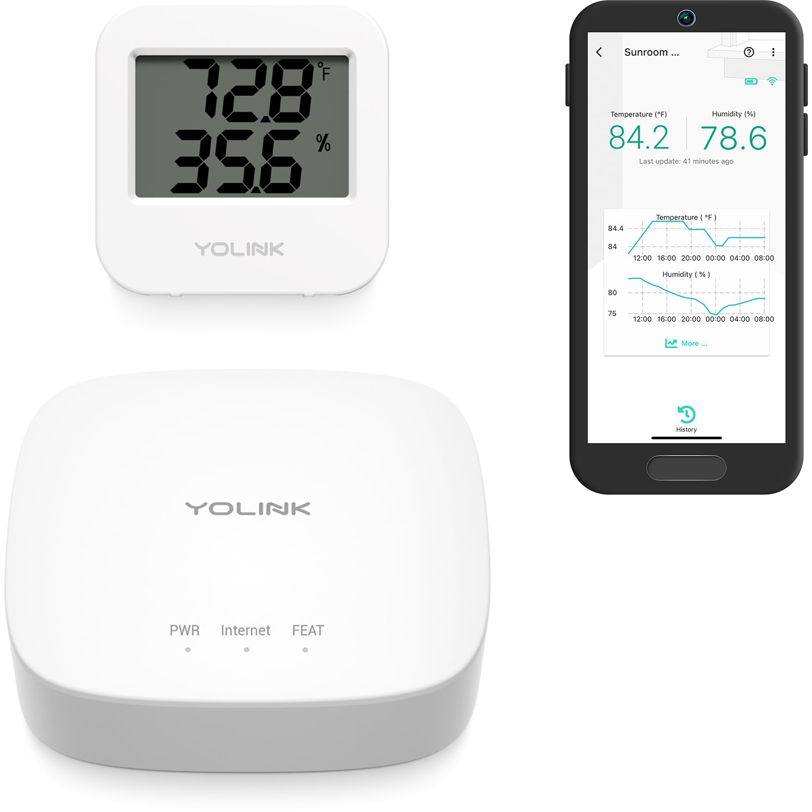 YoLink sensor frontal mostrando carcasa compacta y ventaja de monitorización continua