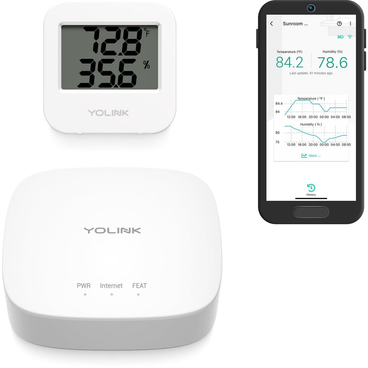 YoLink sensor frontal mostrando carcasa compacta y ventaja de monitorización continua
