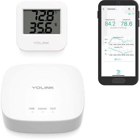 YoLink sensor frontal mostrando carcasa compacta y ventaja de monitorización continua
