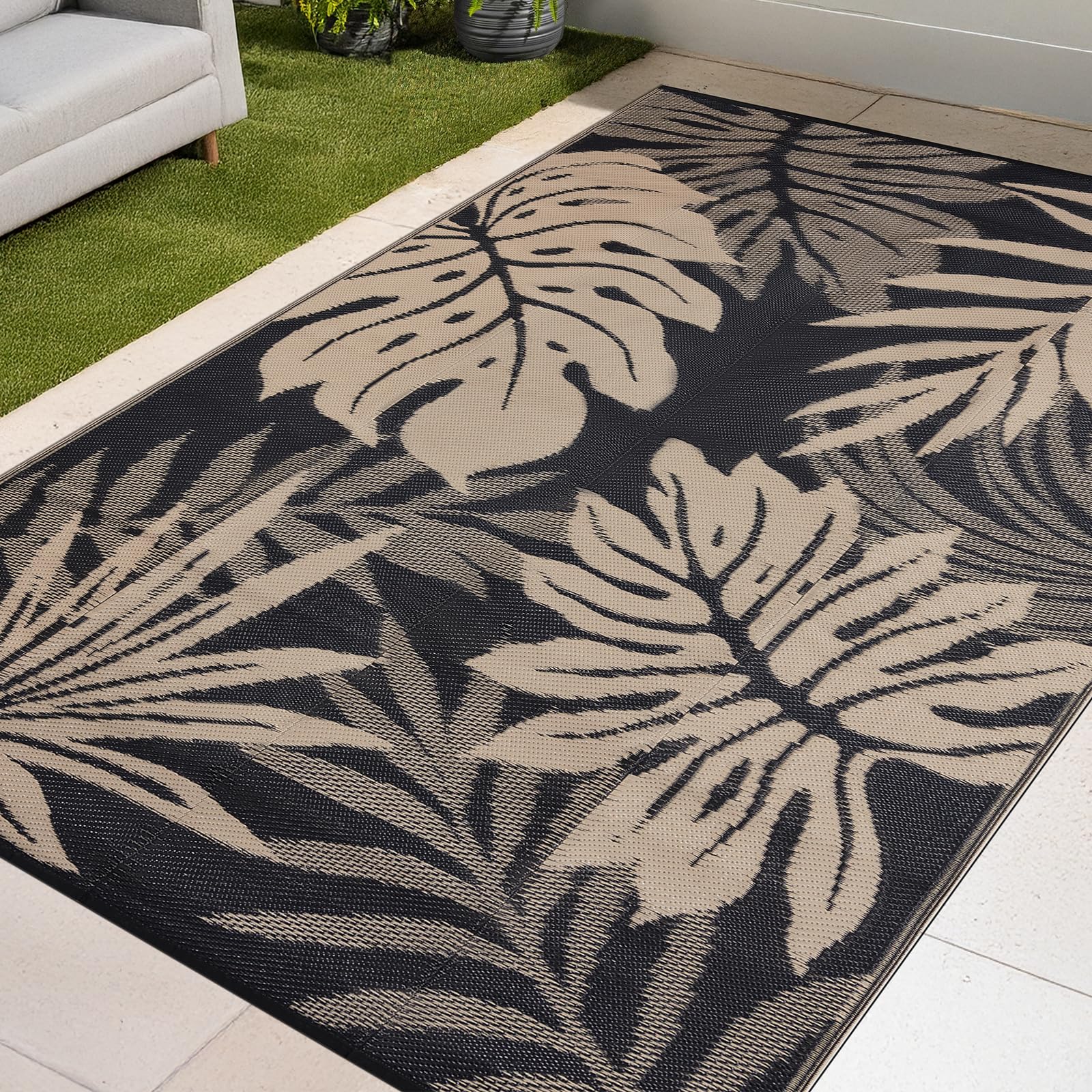 YONILE alfombra exterior vista frontal mostrando diseño resistente y borde reforzado