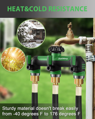 ZaakWang splitter instalado con tres mangueras en jardín para multitareas