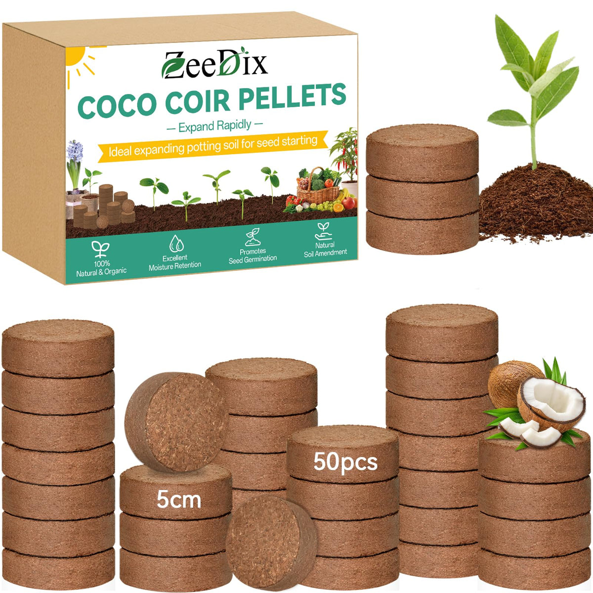 ZeeDix paquete frontal mostrando 50 cápsulas y ventaja de almacenamiento compacto
