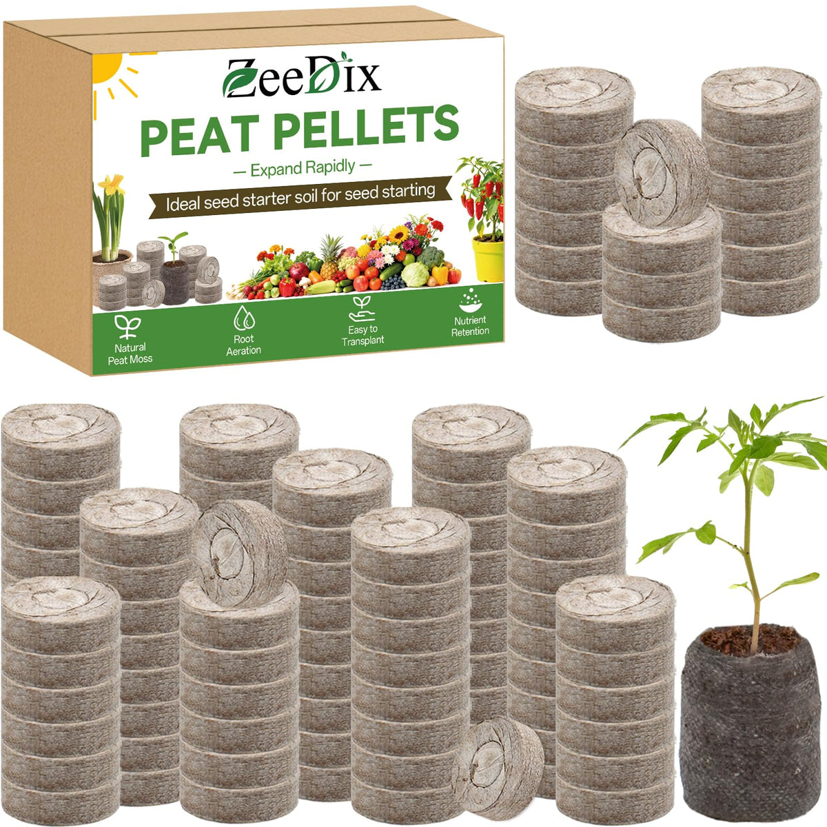 ZeeDix pastillas frontal mostrando paquete y cantidad, facilita inicio de semillas