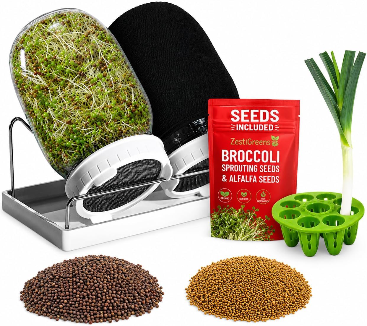 ZESTIGREENS frascos en embalaje frontal mostrando kit completo y beneficios