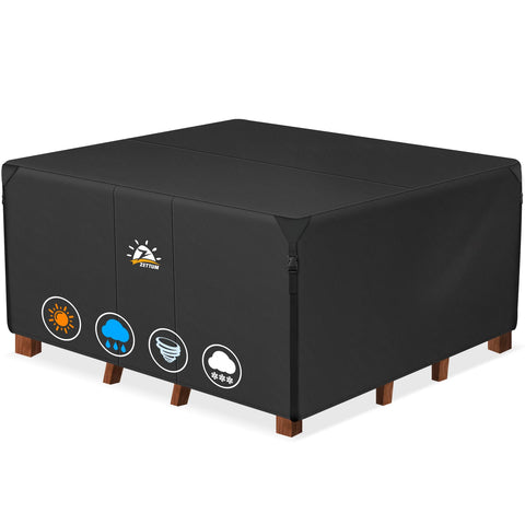Zettum vista frontal de la funda cubriendo mesa cuadrada para protección completa