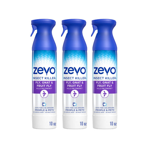 ZEVO aerosol pack de 3 frente mostrando envases y beneficio control rápido