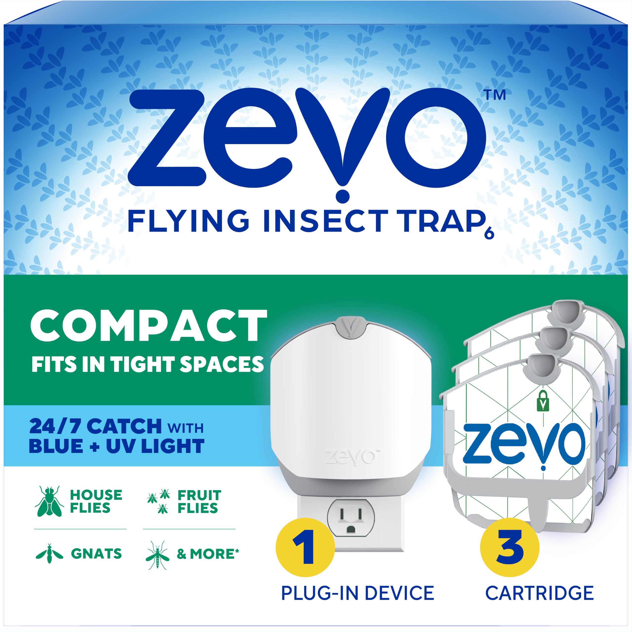 ZEVO trampa frontal mostrando diseño compacto y discreto, reduce insectos