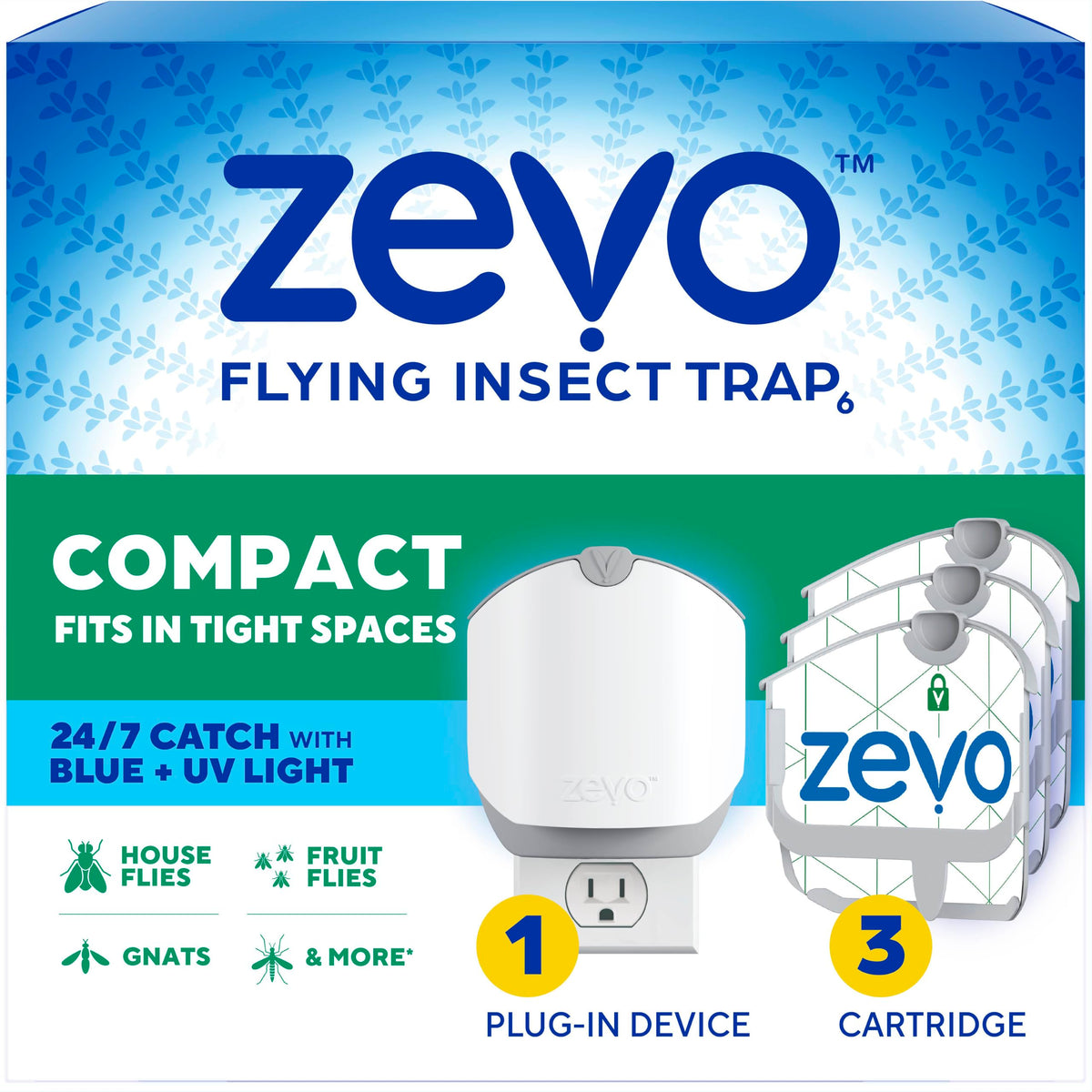 ZEVO trampa frontal mostrando diseño compacto y discreto, reduce insectos