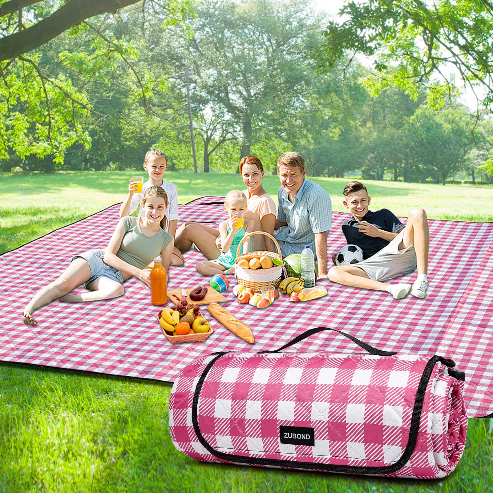 ZUBOND vista frontal de la manta picnic mostrando el estampado vichy y espacio