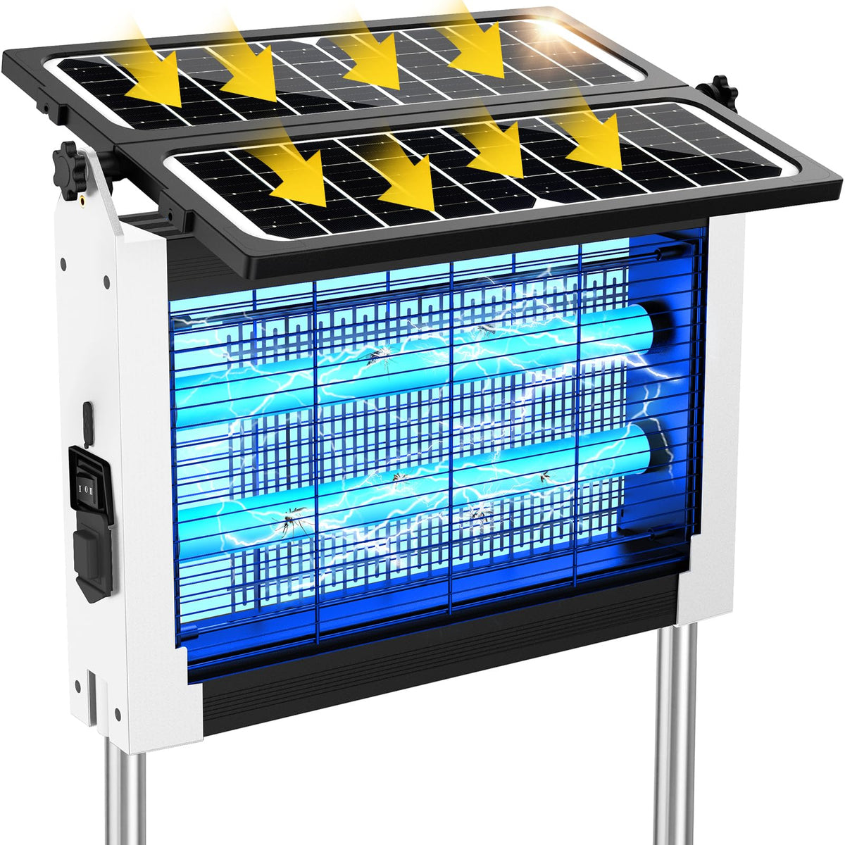 Zwiran vista frontal del insecticida solar mostrando LEDs y carcasa, protección eficiente