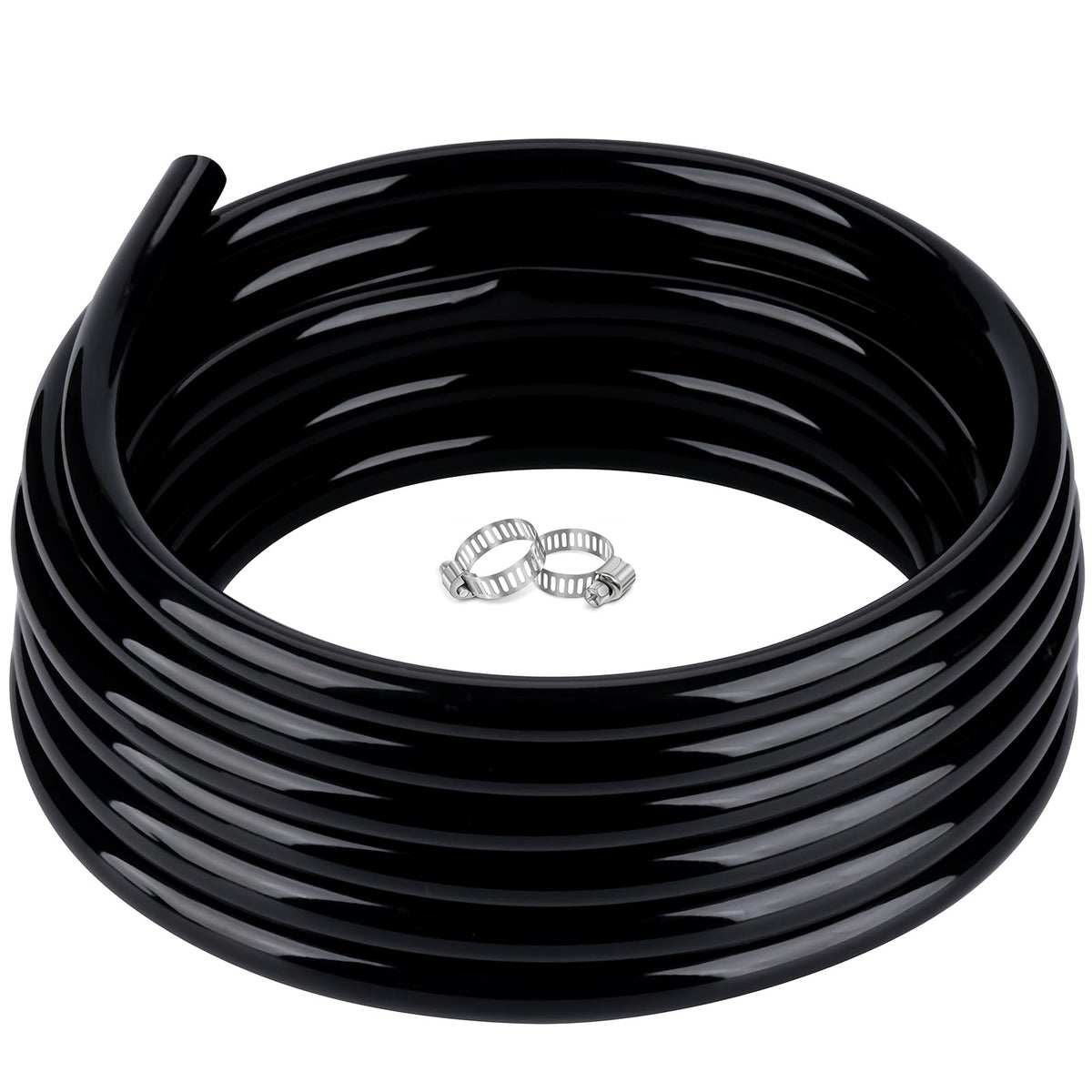 ZY-hosetube rollo frontal mostrando longitud y color negro, fácil almacenamiento